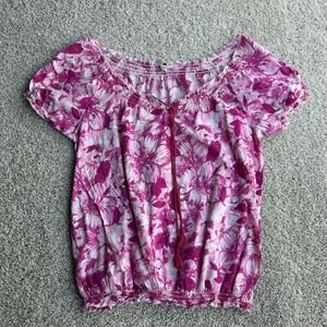 Y2K BocaBay Blouse Womens Medium Pink Floral Tassel Scoop Neck Peasant Top